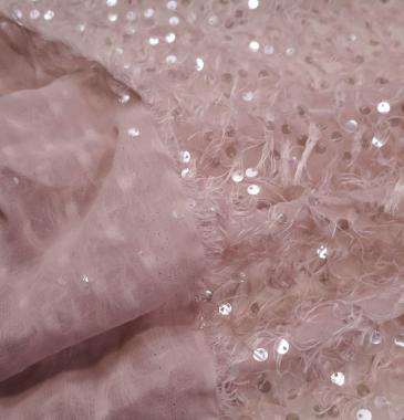 Шифон розовый с пайетками и перышками WL001.043.5